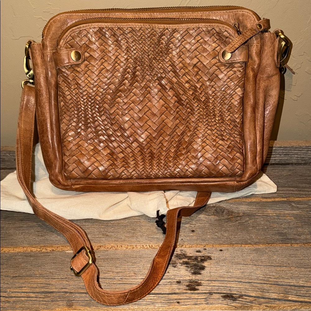 Woven Leather Crossbody Bag - Brown